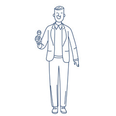Journalist with microphone cartoon Vector illustration in blue line doodle art, flat style.