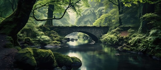 Photo of a serene forest with a river, bridge, and vibrant waters. - obrazy, fototapety, plakaty