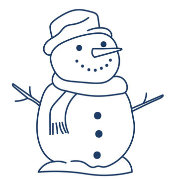 recommend clip art: snowman with a scarf isolated on white background. Vector illustration in line doodle art, flat style.