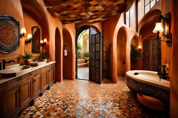 Mediterranean-inspired bathroom with terracotta tiles, wrought iron accents, and a mosaic shower