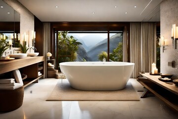 Tranquil spa bathroom with a freestanding tub, waterfall shower, and soft candlelight