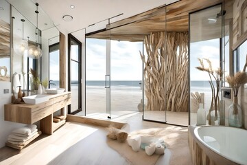 Contemporary beach house bathroom with driftwood accents, a glass-enclosed shower, and sandy hues - obrazy, fototapety, plakaty