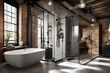 Urban loft bathroom with  brick walls, a glass-enclosed shower, and modern fixtures