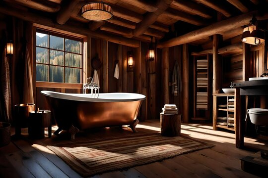 Mountain cabin bathroom with log cabin walls, a copper tub, and rustic fixtures