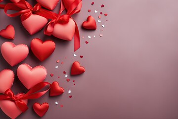 Happy Valentines Day banner with 3d red fabric hearts, silk bow and little hearts on background. Gift card, love party, invitation voucher design, poster template, place for text. Generative AI Art.