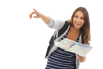 Map, holiday tour or happy woman point at location direction, destination or planning travel route. Tourist adventure gesture, vacation paper guide or explorer isolated on transparent, png background