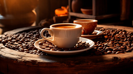 Taza de café caliente - Café molino granos - Cafetería especialidad, filtrado - Mesa madera  - obrazy, fototapety, plakaty