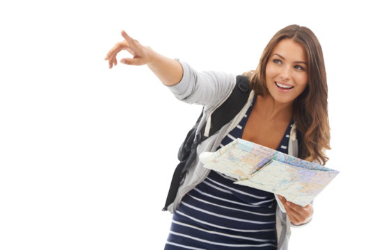 Map, holiday tour or happy woman point at location direction, destination or planning travel route. Tourist adventure gesture, vacation paper guide or explorer isolated on transparent, png background