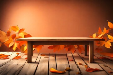 Wooden table with orange leaves autumn background 