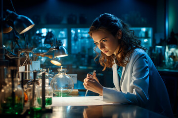 Mujer científica investigación probeta  - Beca investigación estudiante ciencia farmacos - obrazy, fototapety, plakaty