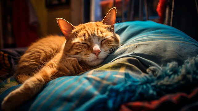 Gato durmiendo en almohada - Felino naranja en la cama descansando - Animal domestico 