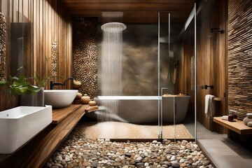 Earthy spa bathroom with pebble floor tiles, a rainfall shower, and natural wood elements