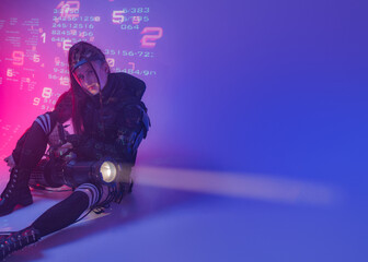 A female figure, dressed in a futuristic tactical black ensemble, reclines on the ground with a...