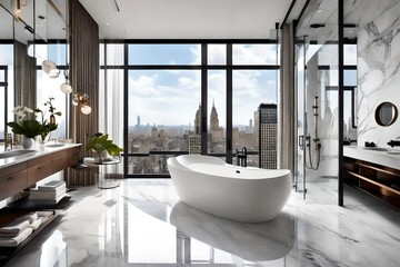 Elegant penthouse bathroom with floor-to-ceiling marble, a glass-enclosed shower, and city views