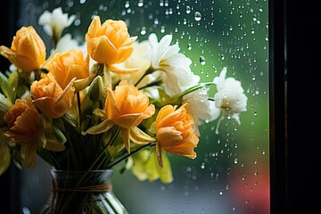 Rainy Spring Day: Water Droplets on Window with Blurred Flowers in Background