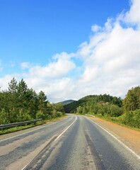 Fototapeta na wymiar Asphalt road on the background of forest and blue sky with clouds