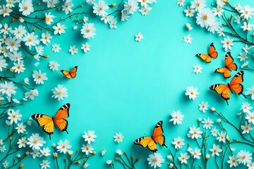 Beautiful spring nature background with butterfly, lovely blossom, petal a on turquoise blue background 