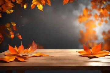 Wooden table with orange leaves autumn background  - obrazy, fototapety, plakaty