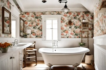 Cozy cottage bathroom with beadboard walls, a clawfoot tub, and floral wallpaper