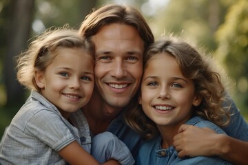Fototapeta premium Close-up portrait of a beautiful family in nature. Dad and his two daughters smile and look at the camera. Family Day, Day of Smiles, happiness, family values concepts.