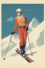 Poster Poster illustration of a woman skiing at a ski resort in 1950's pop art style © Keitma