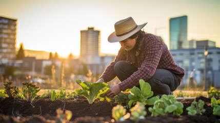 Indigenous native american person tending to a rooftop garden or community green space
