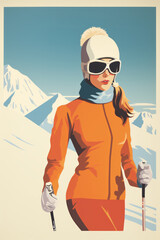 Poster illustration of a woman skiing at a ski resort in 1950's pop art style - obrazy, fototapety, plakaty
