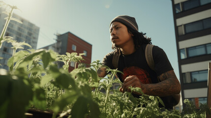 Indigenous native american man tending to a rooftop garden or community green space - obrazy, fototapety, plakaty