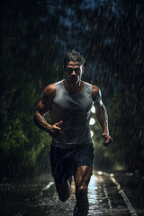 Portrait of a man running under water rain at night , effort in sports concept image