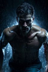 Portrait of a man running under water rain at night , effort in sports concept image