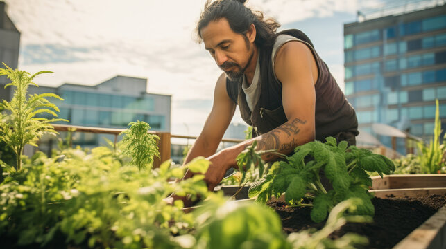 Indigenous native american man tending to a rooftop garden or community green space