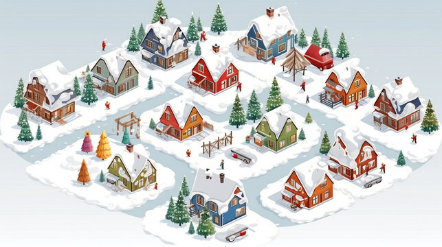 Isometric illustration image of a christmas winter theme village