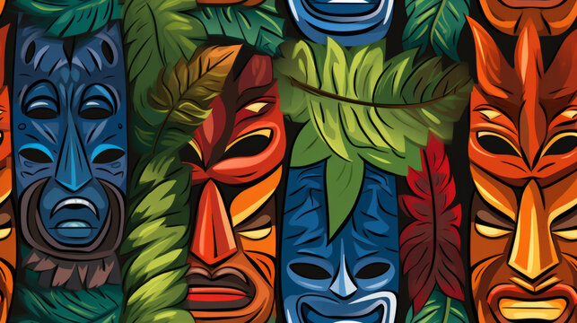 Seamless pattern illustration design of colorful tiki masks drawing in middle of green leaves