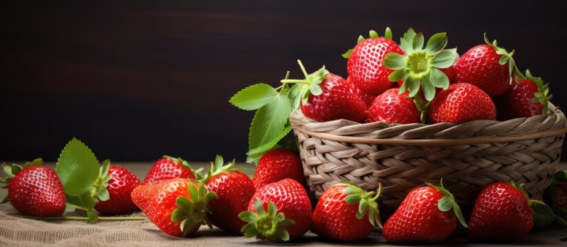 Fresh, sweet strawberries in a basket and on a marble table.