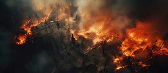 Forest fire seen from above, with burnt trees and land due to climate change, affecting ecology and land.