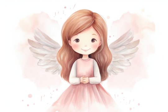 Soft pastel portrayal of young girl angel with silver wings. Delicate and ethereal.