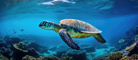Obraz premium Green turtle swimming in the ocean, Great Barrier Reef, Cairns, Australia.