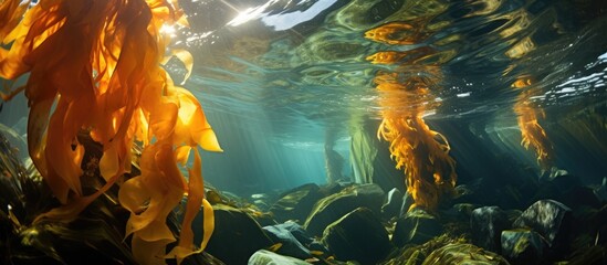 Giant kelp in a California kelp forest is essential for diverse eastern Pacific marine species. - obrazy, fototapety, plakaty