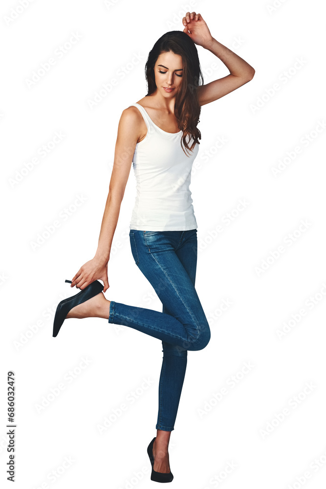 Poster Fashion, woman and high heels with modern, stylish and outfit with shoes and clothing. Female person, model and confidence with jeans clothes and style isolated on a transparent, png background