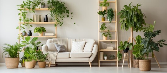 Living room with houseplants and sofa, featuring a wooden step ladder. - obrazy, fototapety, plakaty