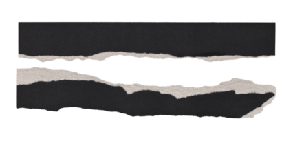 Set of torn and ripped paper stripes, lines with single edges from black paper in Y2K retro style, png isolated pieces on transparent background 