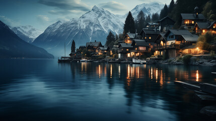 Landscape of A small Norwegian fishing town in the mountains, night lighting for houses and town street, surface of a sea