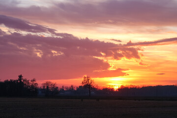 Sunset Po Valley landscape panorama fields crops