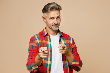 Adult man he wear red shirt white t-shirt casual clothes point index finger camera on you...