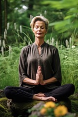 Woman practicing meditation in a quiet Zen garden.