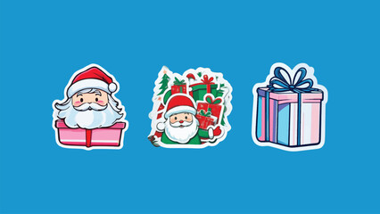 Set of three christmas vector stickers, santa claus, gift, winter holiday illustrations