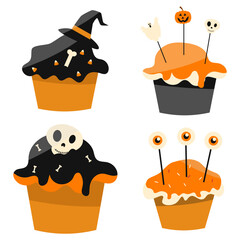 Halloween Cupcake With Creepy Design. Vector Illustration Set. 