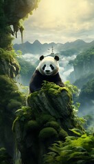 A lone Giant panda standing on a hill, its isolated figure contrasting against the backdrop of lush...