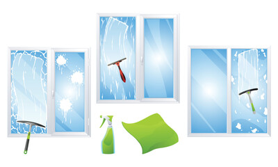 Window cleaning service concept with glass scraper and spray vector illustration. Window cleaning spray
