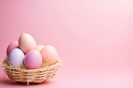 Ein Osternest mit bunten Eiern, rosafarbener Hintergrund 